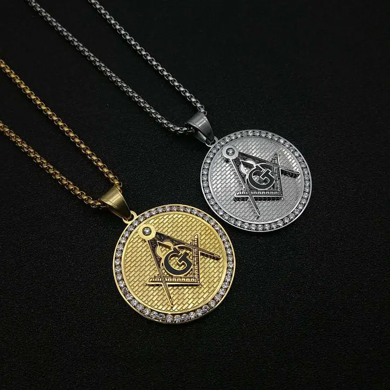 HIP Hop Gold Silve Color stainless steel Freemason Masonic Necklaces Bling Compass G Pendants AAA CZ Jewelry Gift For Men Women