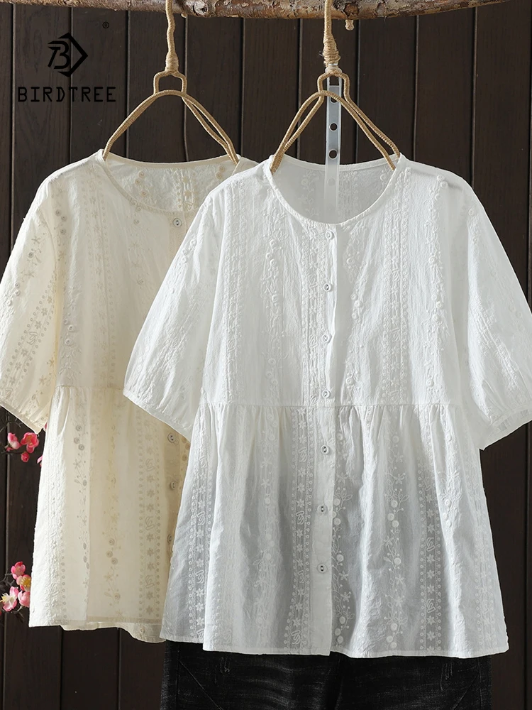 

New 2025 Summer Cotton Short Sleeve Shirt, Women O Neck Embroidery, Mori Girl Age Reduction Casual Loose Doll Blouse T55852CC