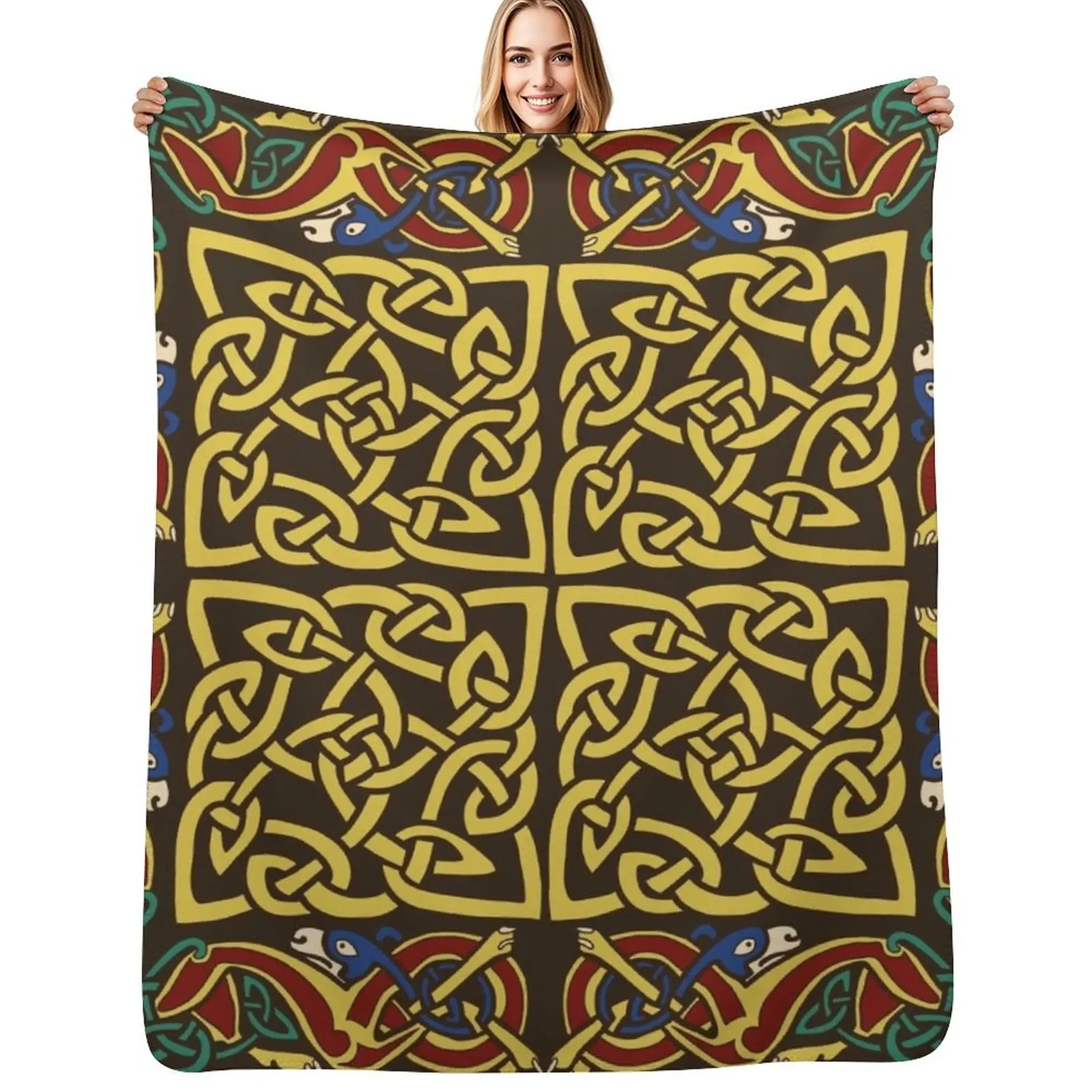 Gold Knotwork Squares and Hounds Border Throw Blanket Picnic blankets ands Cute Comforter Polar Bed Blankets