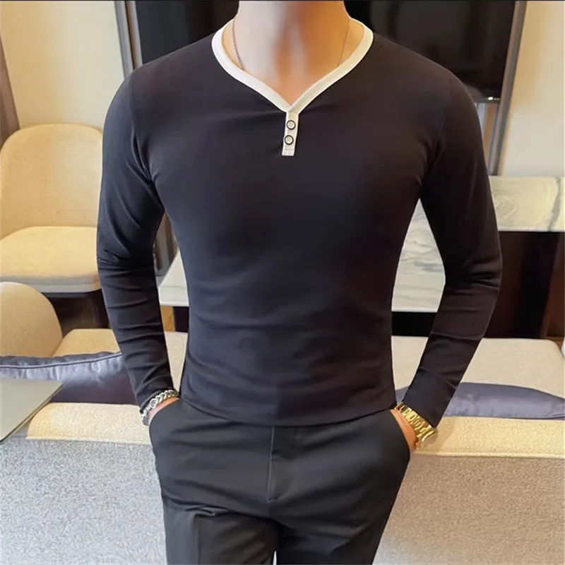 

Spring Autumn Men's Korean Style Long Sleeve T-Shirts Fashion V-Neck Slim Fit Casual Tees Men Cotton Breathable Pullover Tshirt
