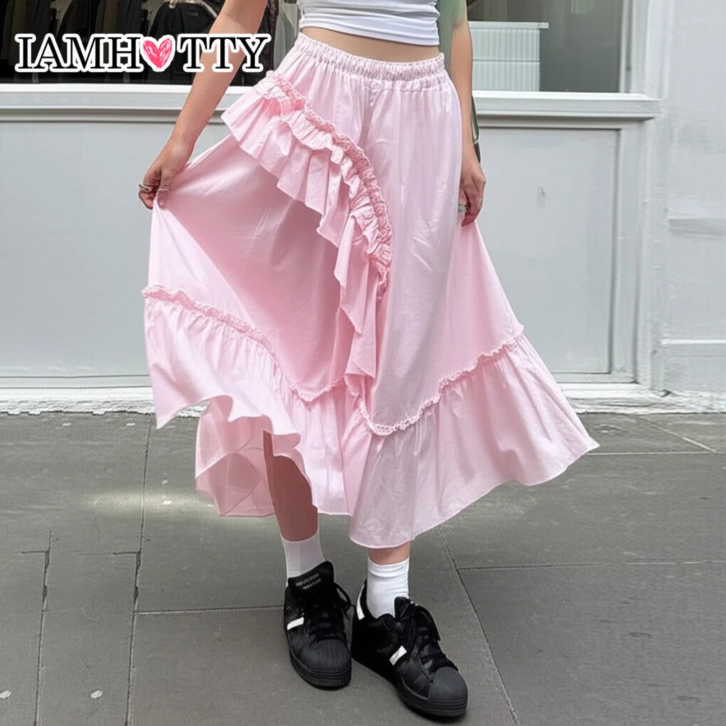 

IAMHOTTY Ruffled Trim A-line Skirt Pink College Style Elastic High Waist Long Asymmetrical Skirts Y2K Aesthetic Bottoms Sweet