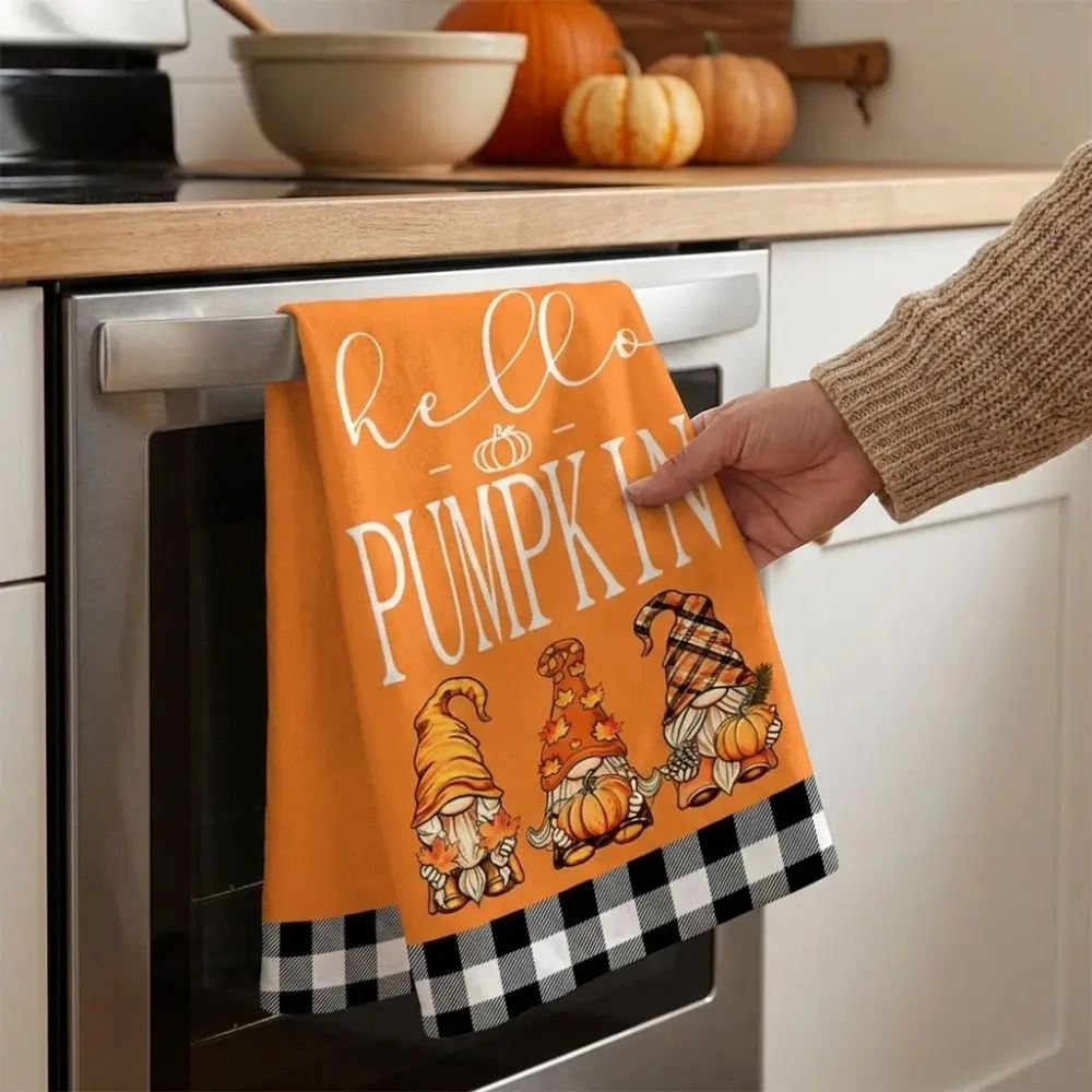 2Pcs Soft Absorbent Fall Gnome Dish Towels Maple Leaf Microfiber Hello Pumpkin Kitchen Towel Thickened Quick Dry
