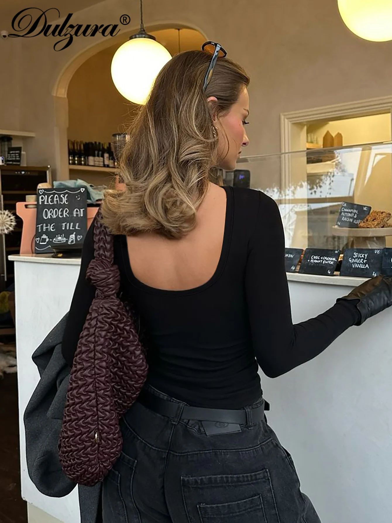 Dulzura 2025 Autumn Latest Solid Sexy O-Neck Long Sleeve Backless Slim T-Shirt Women'S Fashion Casual Party Club Street Clothes