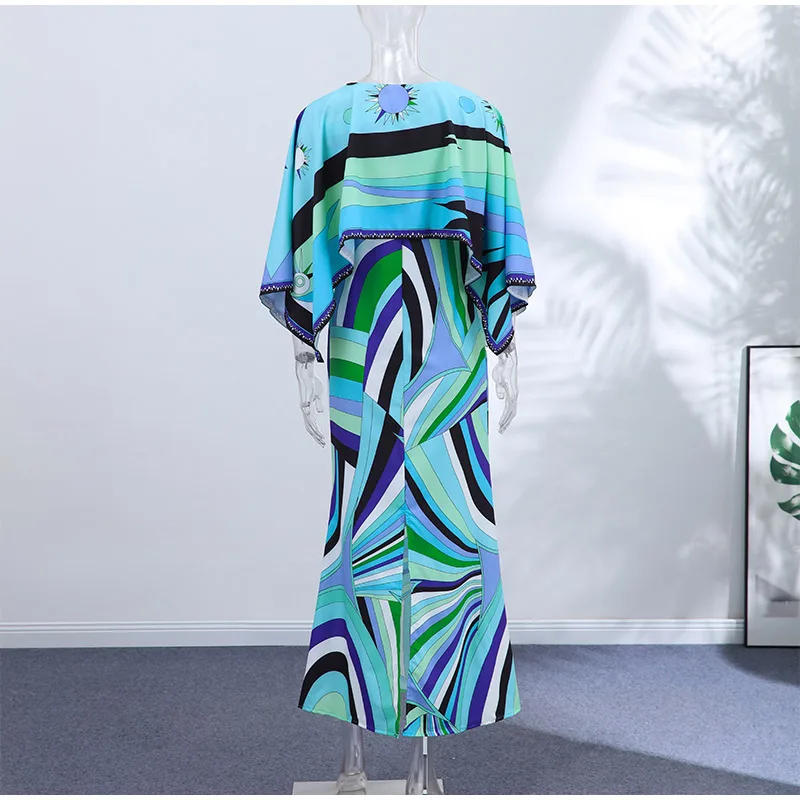 Women Tropical Leaf Print Cape Two Piece Set Batwing Loose Top High Waist Maxi Dress 2026 Summer Fashion Vacation Casual Suit