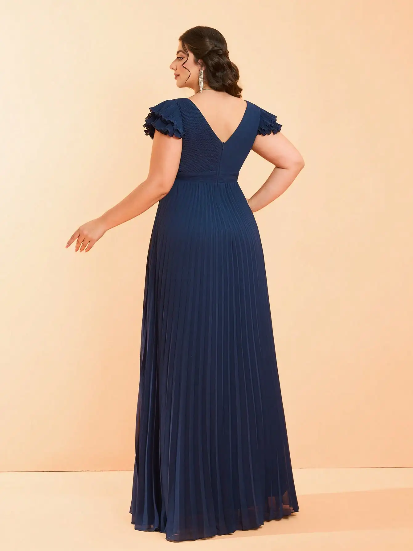 Mgiay Cross V-neck pearl chiffon pleated leaf-shaped sleeves full-length high-end evening gown