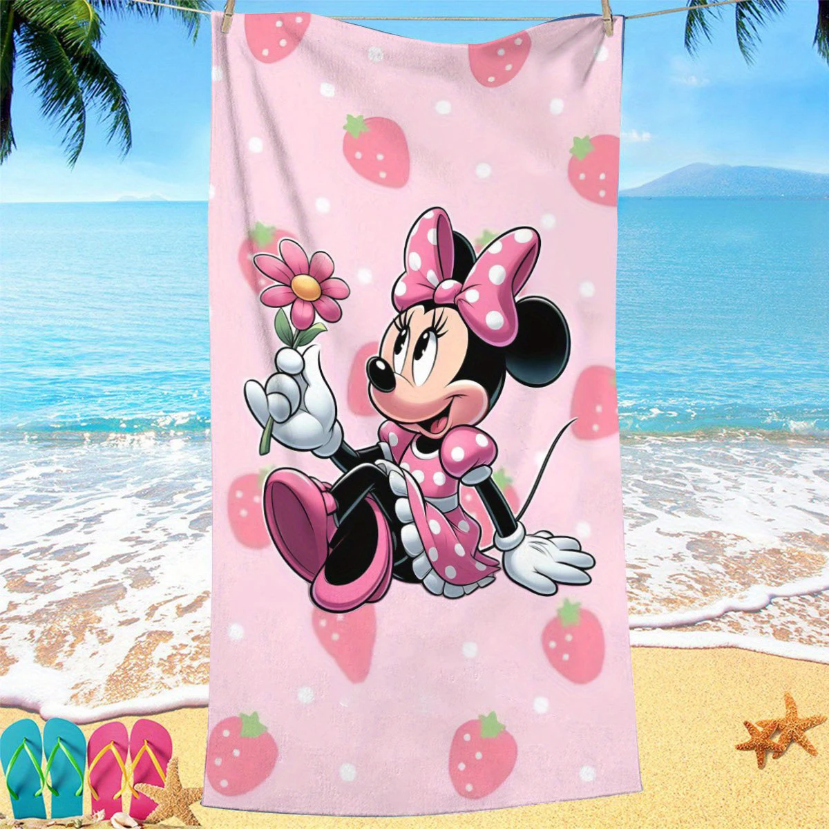 

Minnie Strawberry Custom Beach TowelMicrofiber terry bath towels for yoga, travel, swimming, fitness and camping