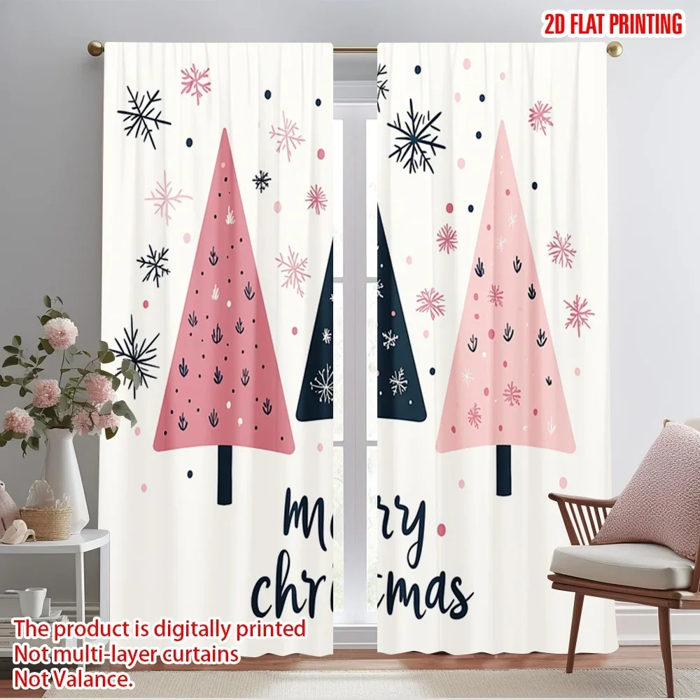 2pcs,2D plane printing Curtains Christmas Trees Snowflakes Merry Christmas (2) Polyester Easy Install (without rod) All Seasons