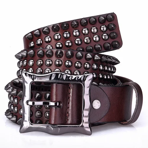 Imagen 2 del producto Cinturón de cuero genuino con remaches de Metal pesado para hombre, cinturones Punk con tachuelas de Rock, cinturón vaquero para hombre, cinturón de cintura para Mujer