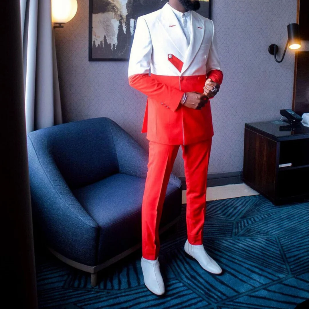 New Men's Suits 2 Pieces White Red Splicing Slim Fit Groom Wedding Formal Party Wear