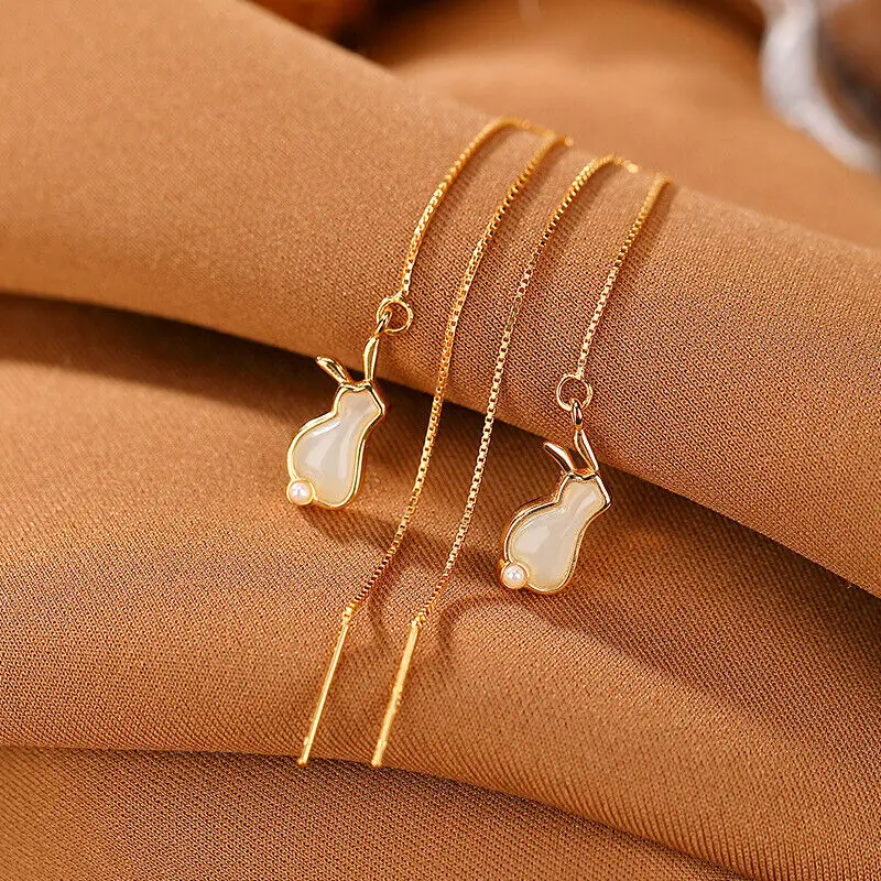 

Gold Over 925 Sterling Silver Natural White Jade Rabbit Dangle Earring 4.33inch