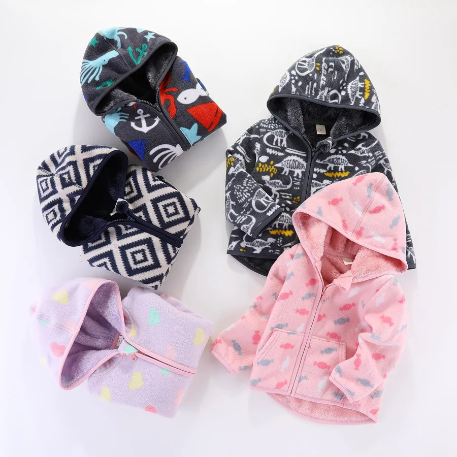 

Winter Children Boys Fleece Outerwear Cotton All Printed Velvet Thicken War Baby Boy Jackets Loose Zipper Hooded Infant Boy Coat