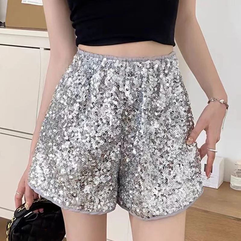ITOOLIN 女性シックな光沢のあるスパンコール A ラインショーツカジュアルハイウエストオフィスショーツ夏スリム女性ハイストリートパンツ 2024