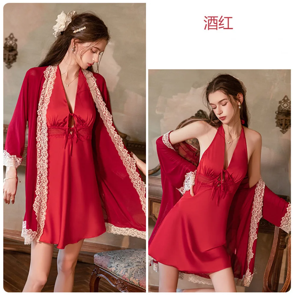 Twinset Robe Set Summer Female Sleepwear Loungewear Sexy Lace Bathrobe Suspender Nightgown Homewear 6