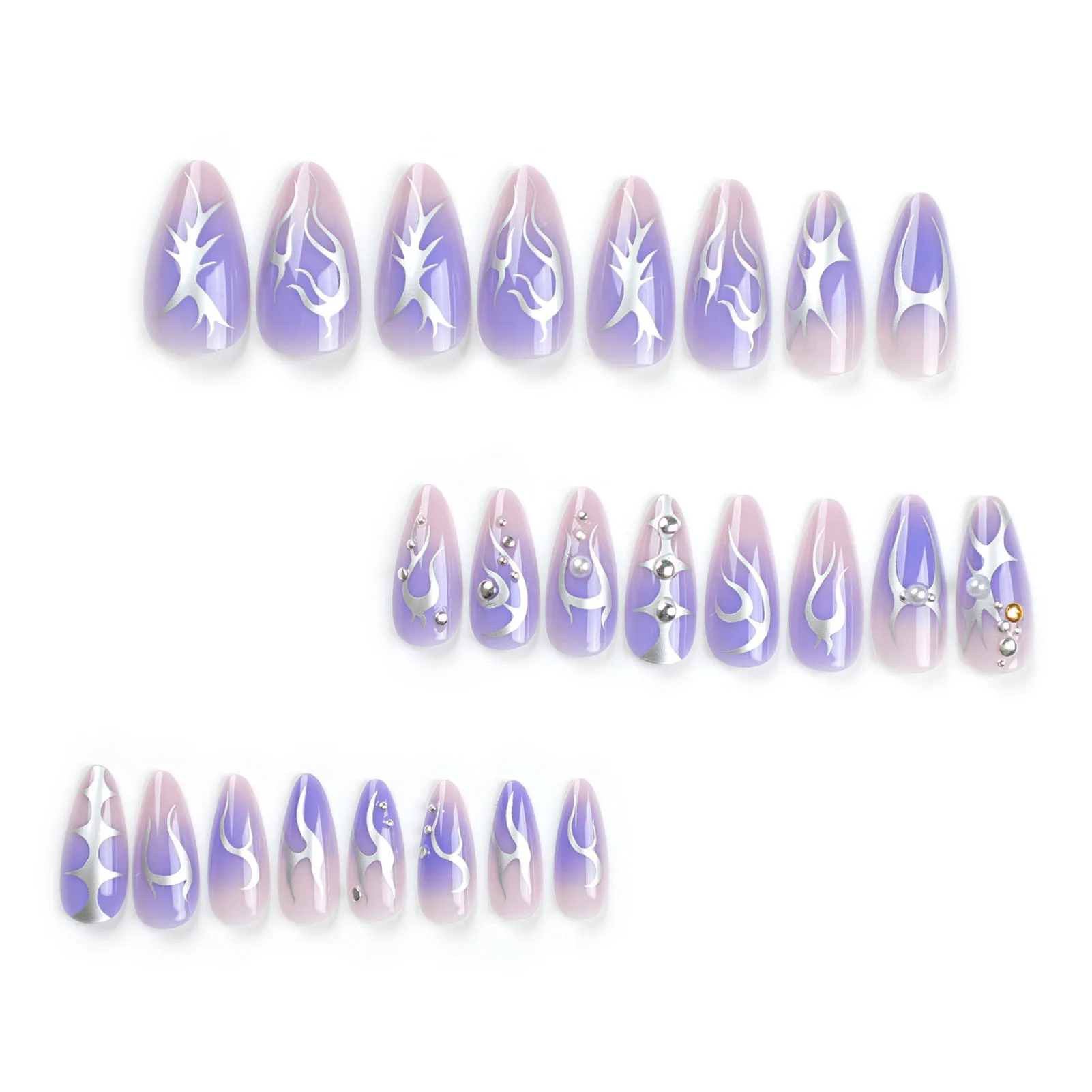 Silver Flame Decor Blush Purple Fake Nails Natural Unbreakable Nail Simple Wear for Professional Nail Art Salon Supply