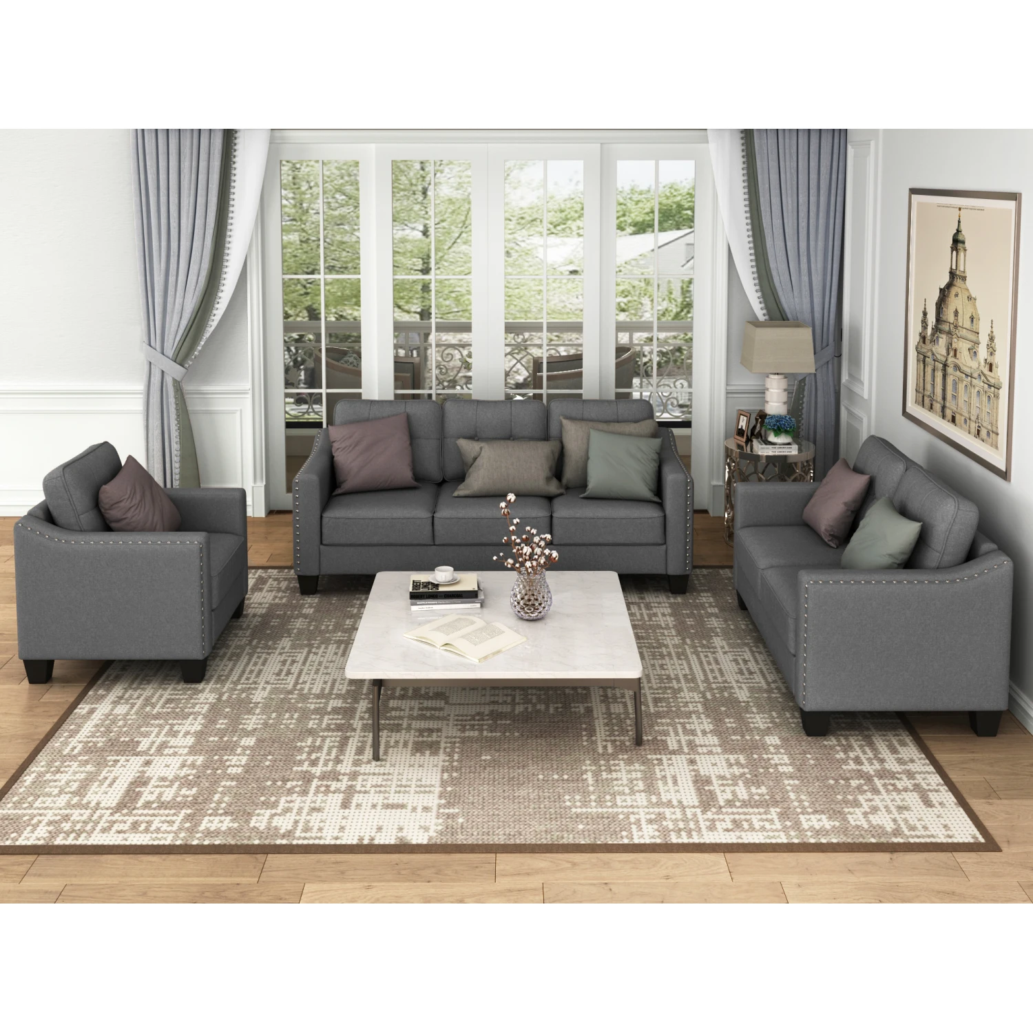 U_STYLE 3 Piece Living Room Set with tufted cushions.