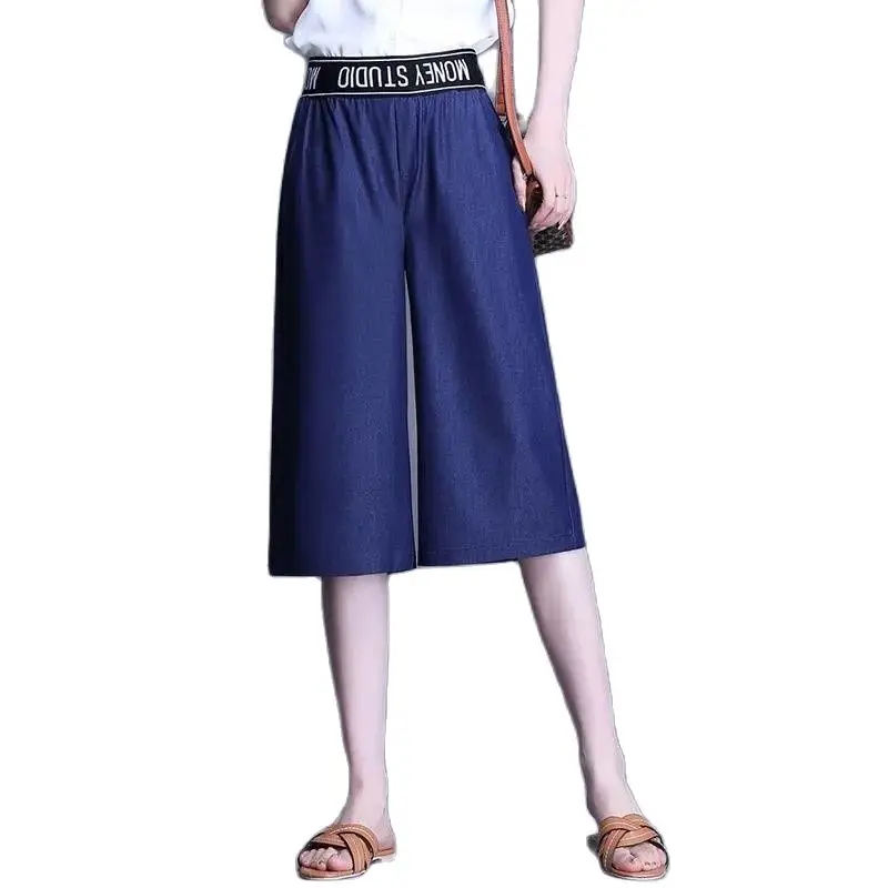 

Fashion Elastic Waist Blue Wide Leg Jeans Summer 2022 New Loose Cowgirl Pant Comfortable Over The Knee Cropped Women Pants