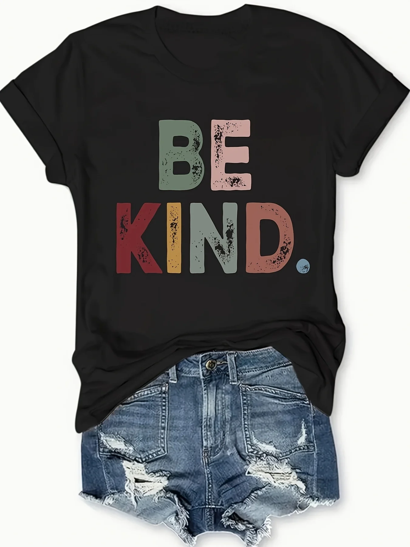 Be Kind Print Crew Neck T-shirt Casual Short Sleeve Top For Spring  Summer Women's Clothing