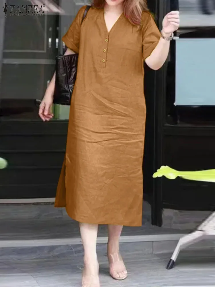 Summer Women Shirt Dress 2024 ZANZEA Fashion Midi Vestidos Buttons V-neck Casual Loose Solid Color Party Sundress Oversized Robe