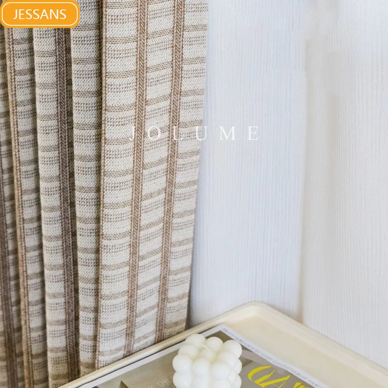 Khaki Checkered Thickened Blackout Curtains Customized Partition Curtains for Living Rooms and Bedrooms Finished Products