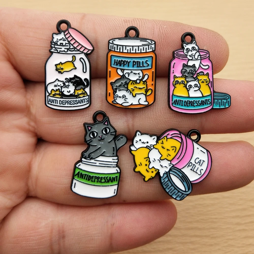 

10pcs Bottle Cat Charm for Jewelry Making Enamel Necklace Earring Bracelet Pendant Diy Accessories Alloy Metal Black Plated