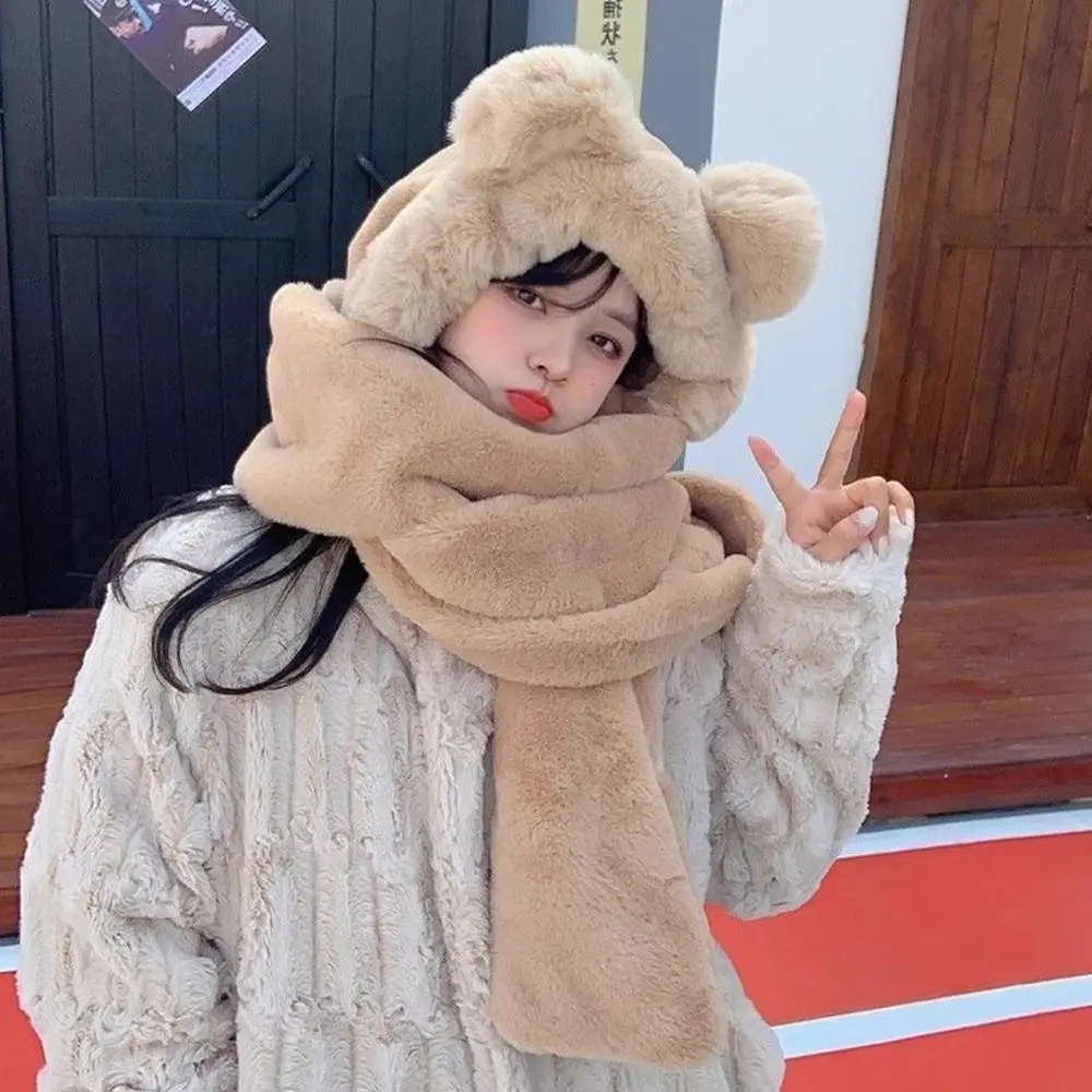 Casual Plush Bear Ears Hat Windproof Winter Warm Integrated Cap Scarf Thickened Hat Scarf Gloves Set for Woman Girls