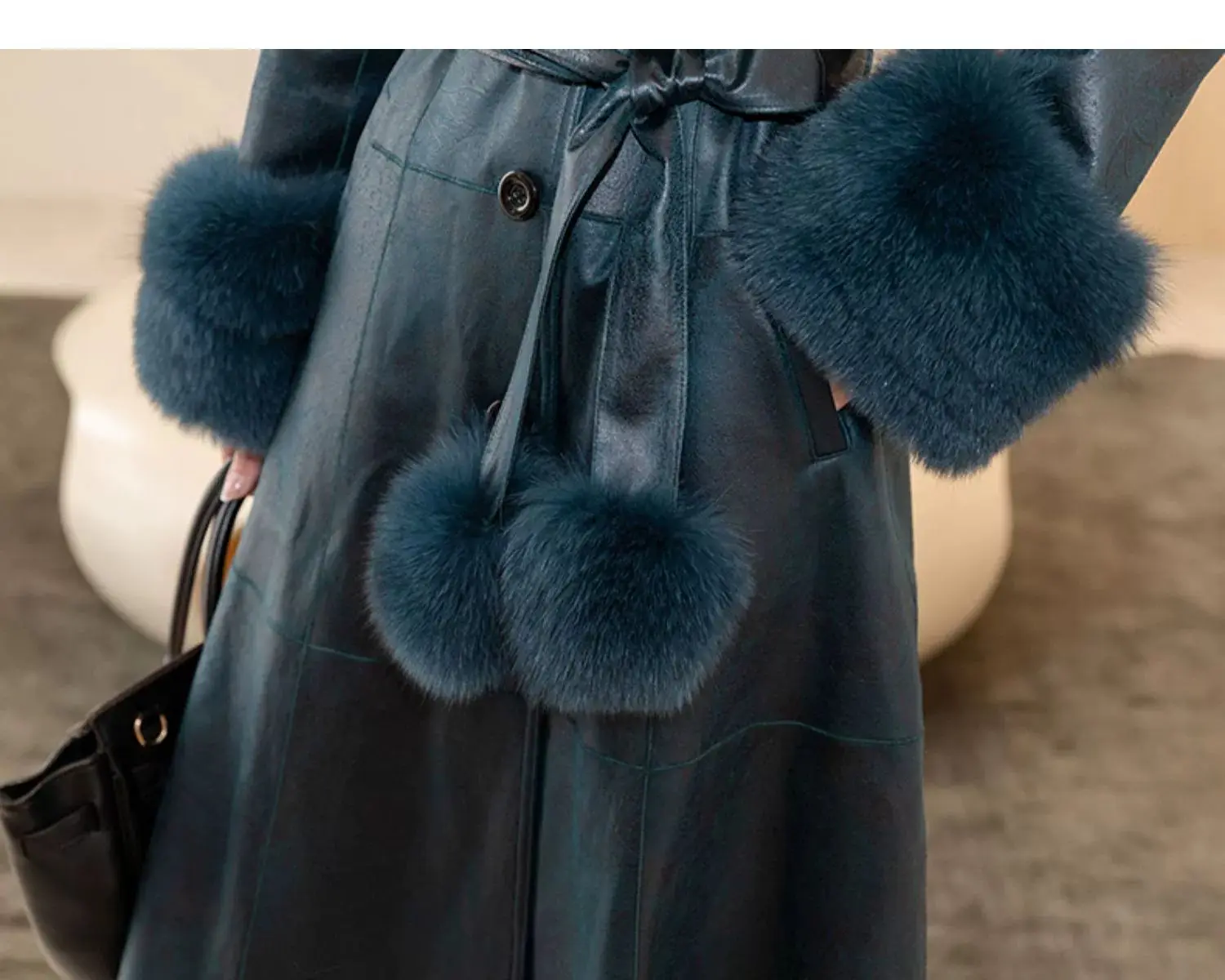 2023 New Rabbit Fur One Piece Coat for Women Mid length Fox Fur Collar Lace up Slim Fit Haining Fur Coat for Women