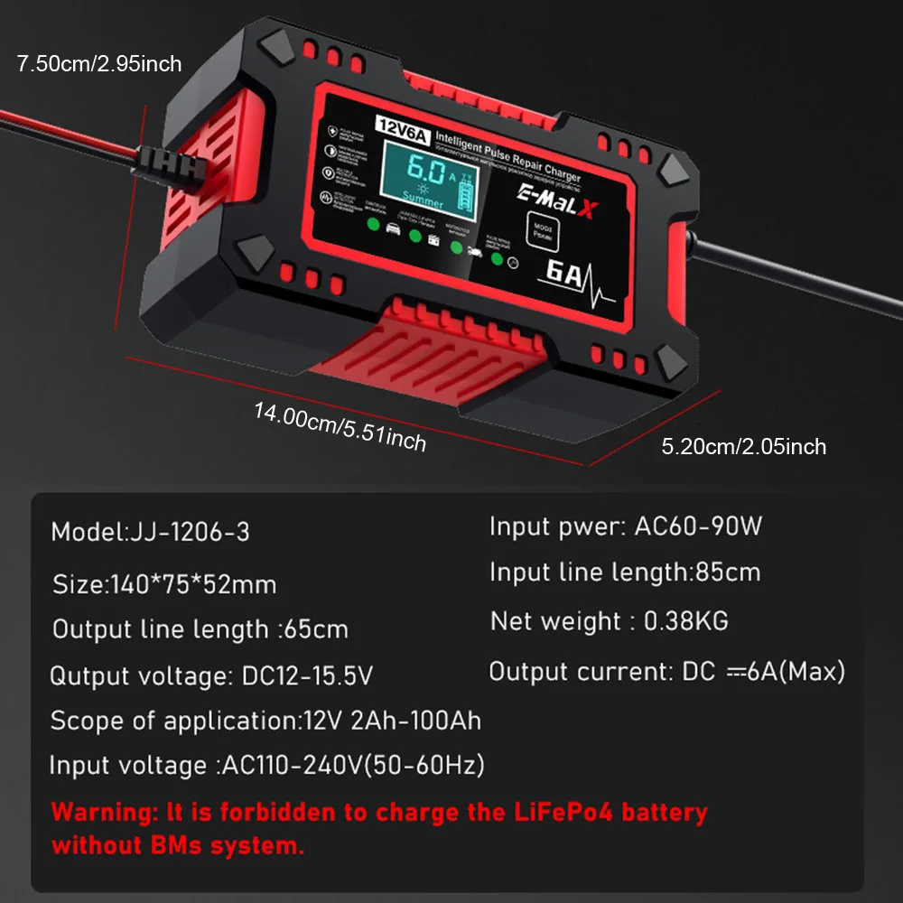 60-90W RV Battery Chargers Intelligent Pulse Repair For Lead Acid Car Battery Digital Volt Temp Tester Storage Cell Charger 12V