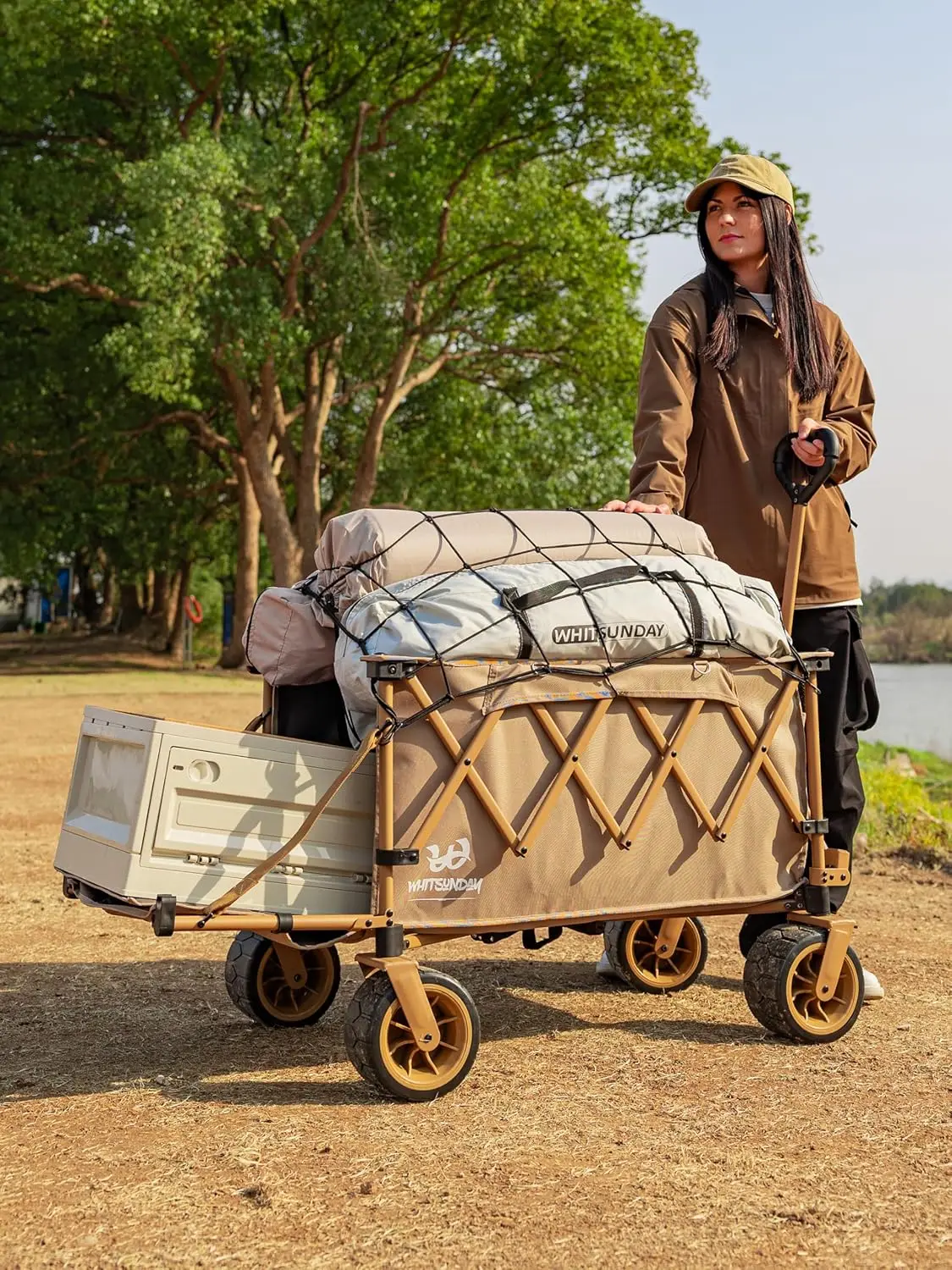 Heavy Duty Collapsible Utility Wagon for Camping, Garden, Sports - Aluminum, Khaki, Opened Tailgate, All-Terrain Wheels, Table