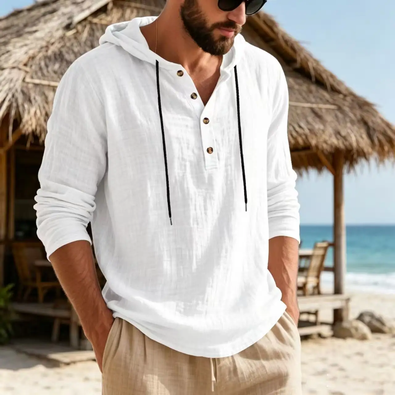 2026 Cross-Border Herbst Locker Sitzendes Leinen-Herren-T-Shirt mit Kapuze, Atmungsaktiv, Langarm, Strand-Henley-Unterhemd für Männer