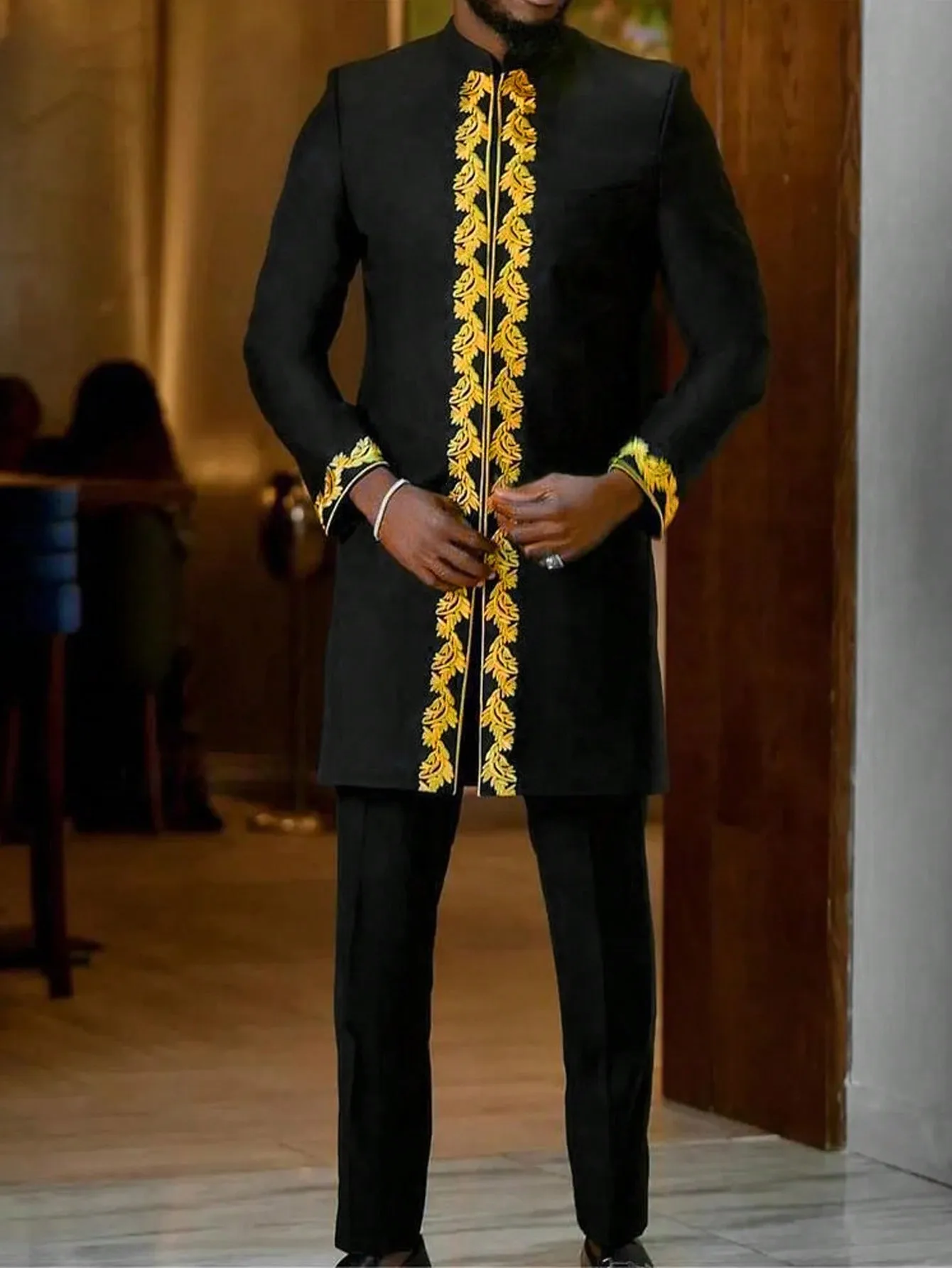 Kaftan Men's Two-Piece Set Wedding Kaunda Suits African Ethnic Traditional Casual Outfits Embroidery with Pocket Top and Pants