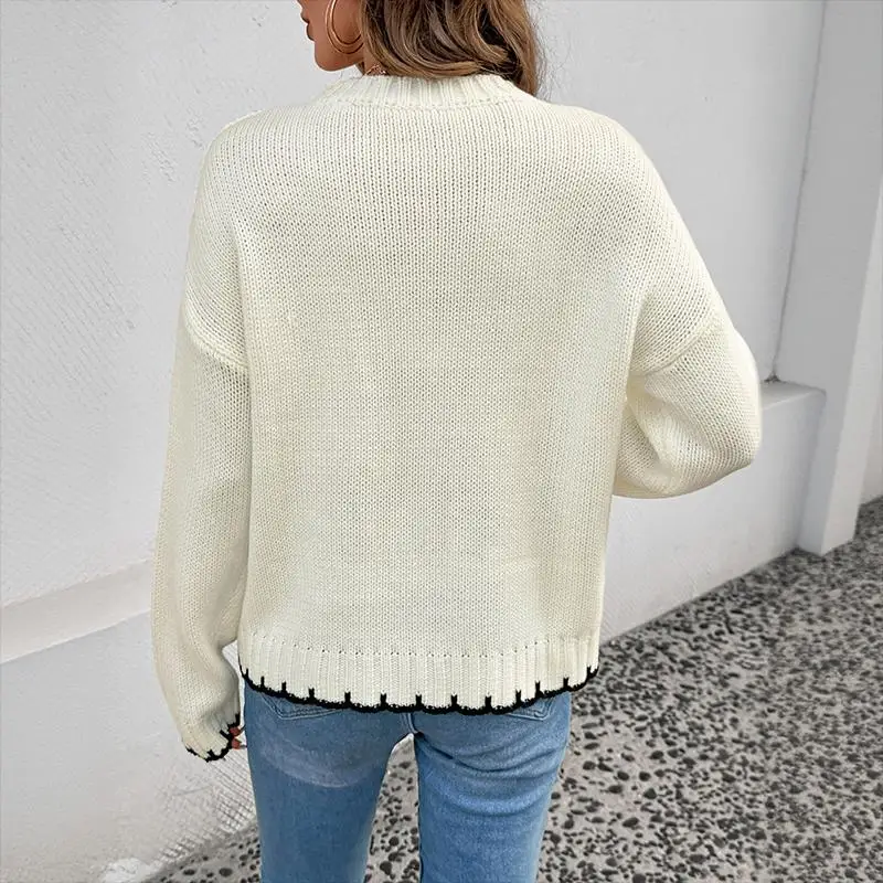 Pull à col ras du cou ajouré pour femme, couleur crème, blanc, noir, contraste, tricot torsadé, manches longues, automne hiver, décontracté, coupe ample