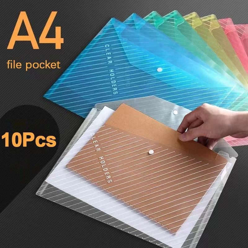 

10Pcs A4 File Bag Transparent Folder Waterproof Snap Buckles Large Capacity File Bag Office Storage Bag Student Test Paper Bag