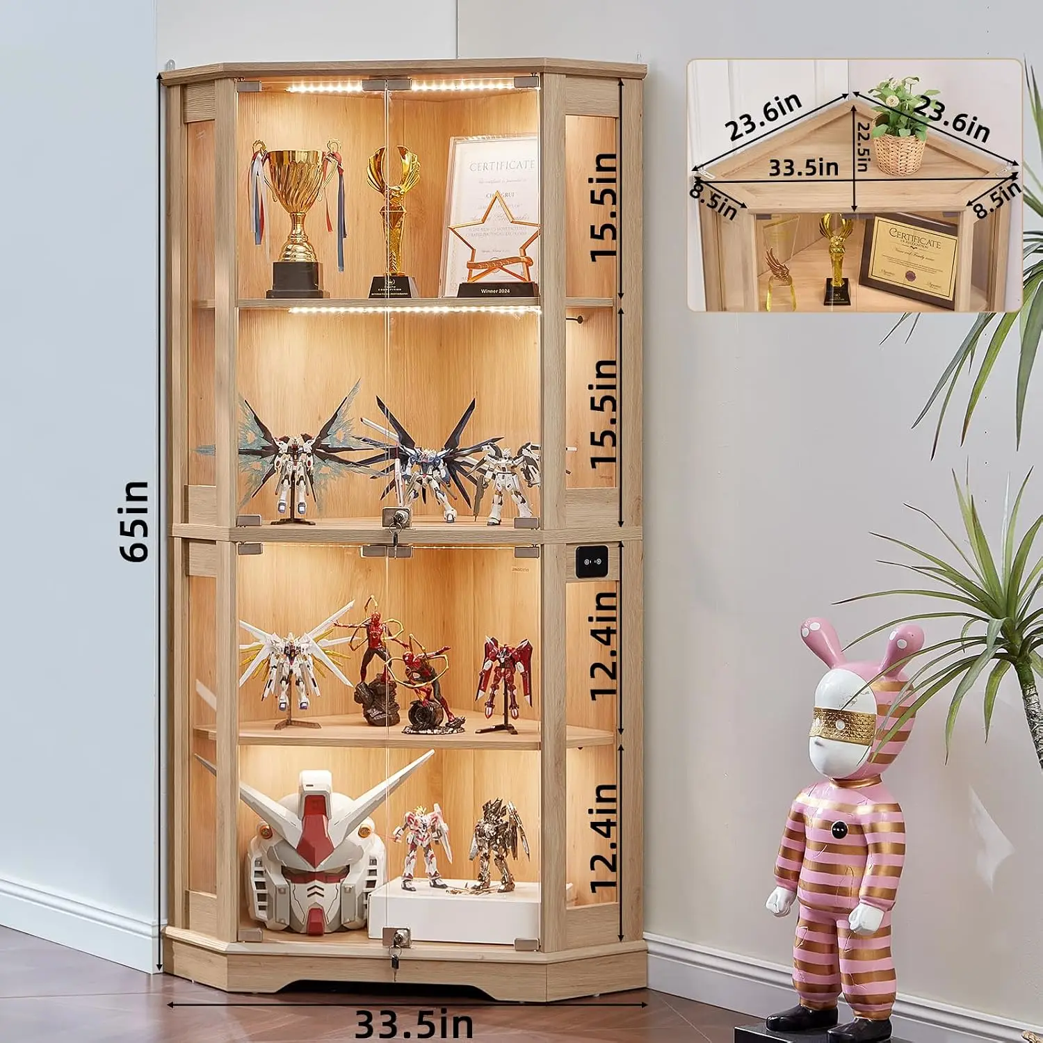 Farmhouse Corner Display Cabinet with Lock, Natural | Glass Display Cabinet with Doors, 3-Color Motion-Sensor Light & Reinforced