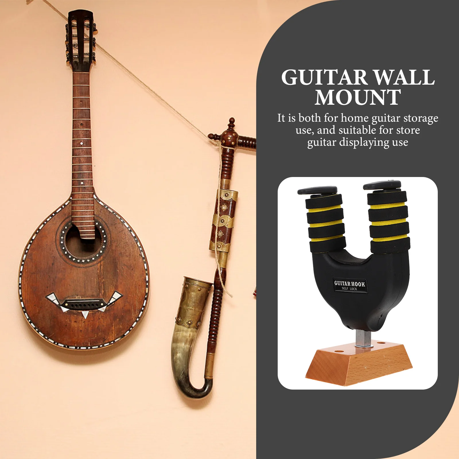 Colgador de guitarra con bloqueo automático, soporte para ukelele, soporte de exhibición de pared de madera, estante de almacenamiento, gancho de bajo de hierro para el hogar