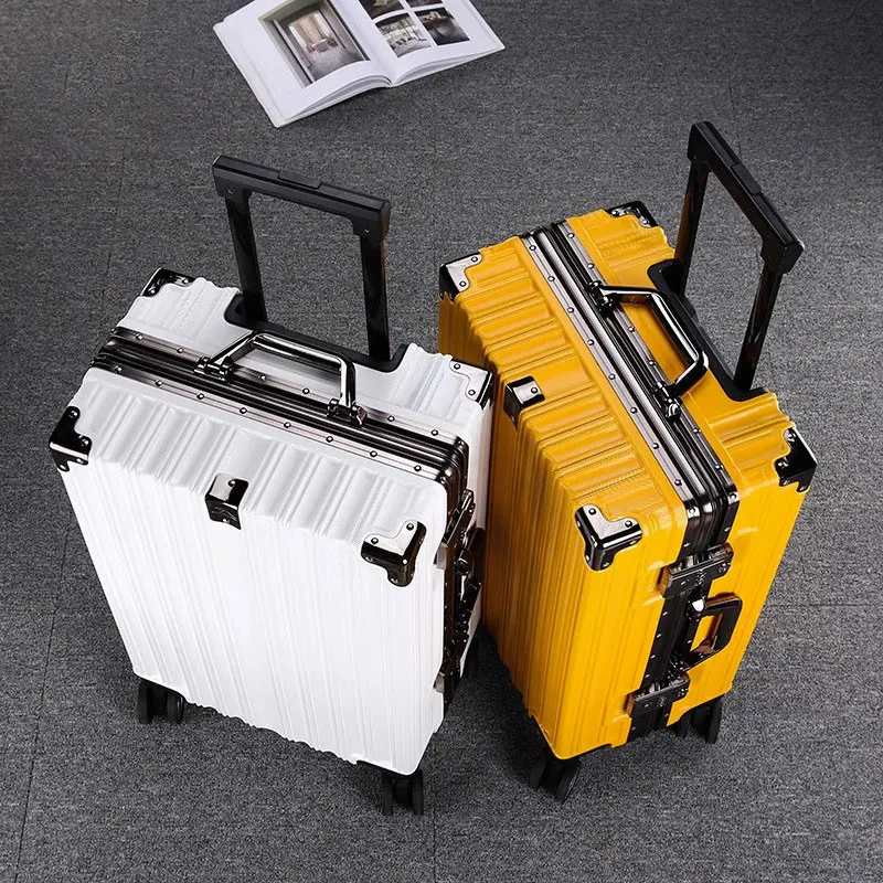 New Anti Shock Carry-on Suitcase with Spinner Wheels Password Lock Luggage Large Capacity Striped Aluminum Frame Trolley Case