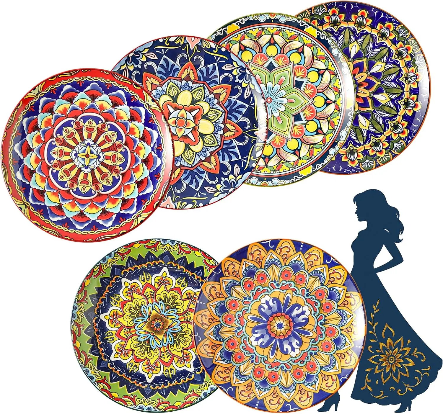 

Colorful Ceramic Plate Set of 6 - 8.7 Inch Bohemian Porcelain Plates for Serving Dessert, Appetizer and Salad - Microwave and Di