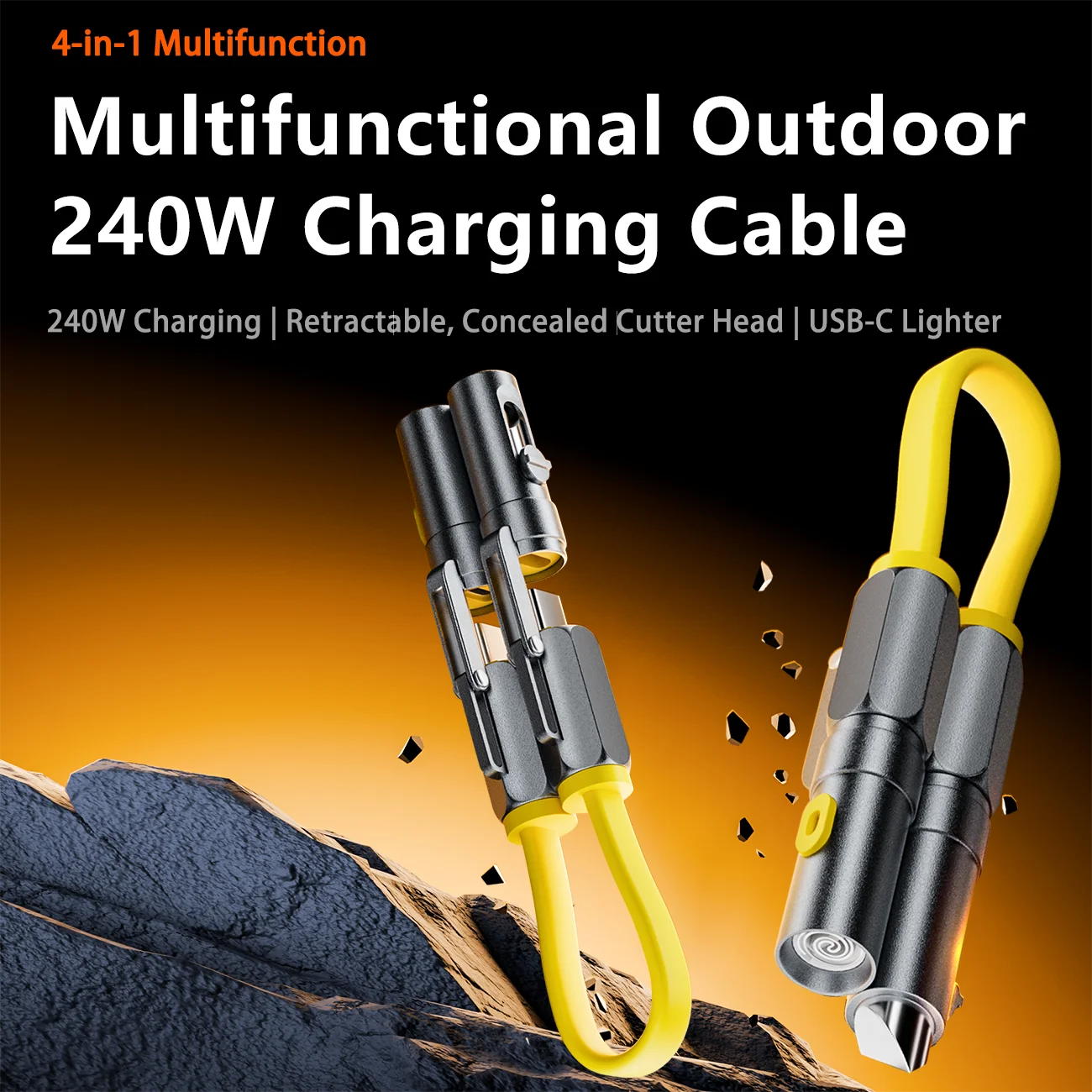 4‑in‑1 Outdoor EDC Magnetic Short USB C Cable, 240W Fast Charging Data Transfer Cord with Alloy Blade Tip & Emergency Ignition