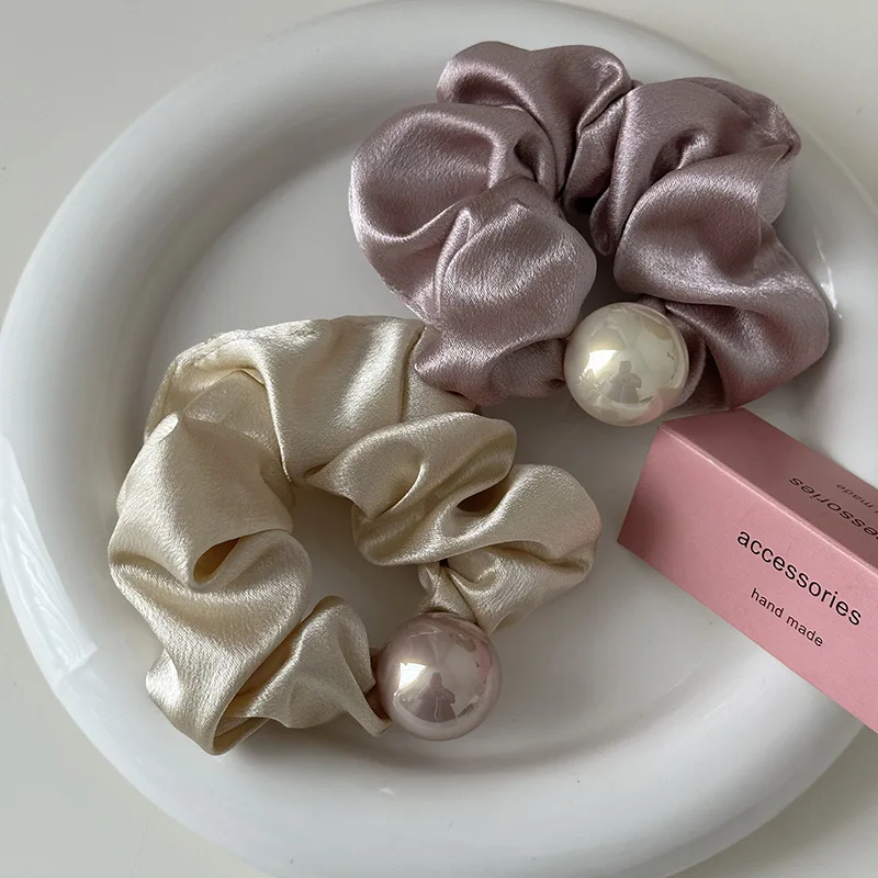 

French Satin Pearl High Elastic Scrunchies Simple Fashion Hair Tie Hair Band Low Ponytail Satin Large Pearl Head Rope