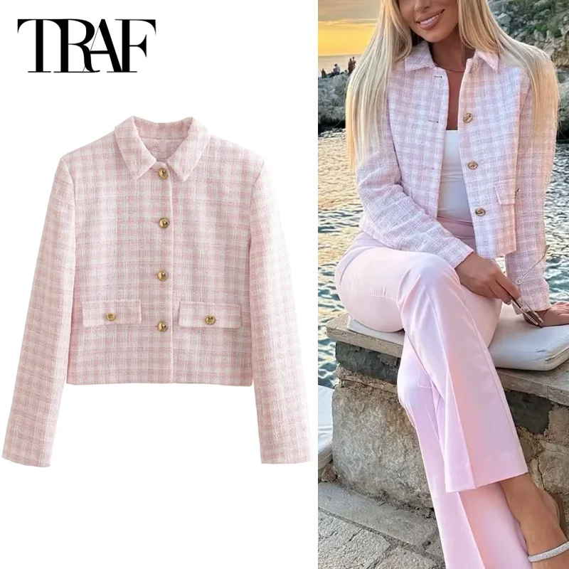 

TRAF Women Outerwears Long Sleeve Varsity Jackets Blazer Coats 2024 Spring Autumn Ladies Fashion Pink Plaid Elegant Cute Blazers