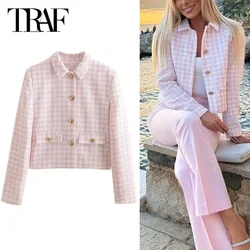 TRAF Women Outerwears Long Sleeve Varsity Jackets Blazer Coats 2024 Spring Autumn Ladies Fashion Pink Plaid Elegant Cute Blazers