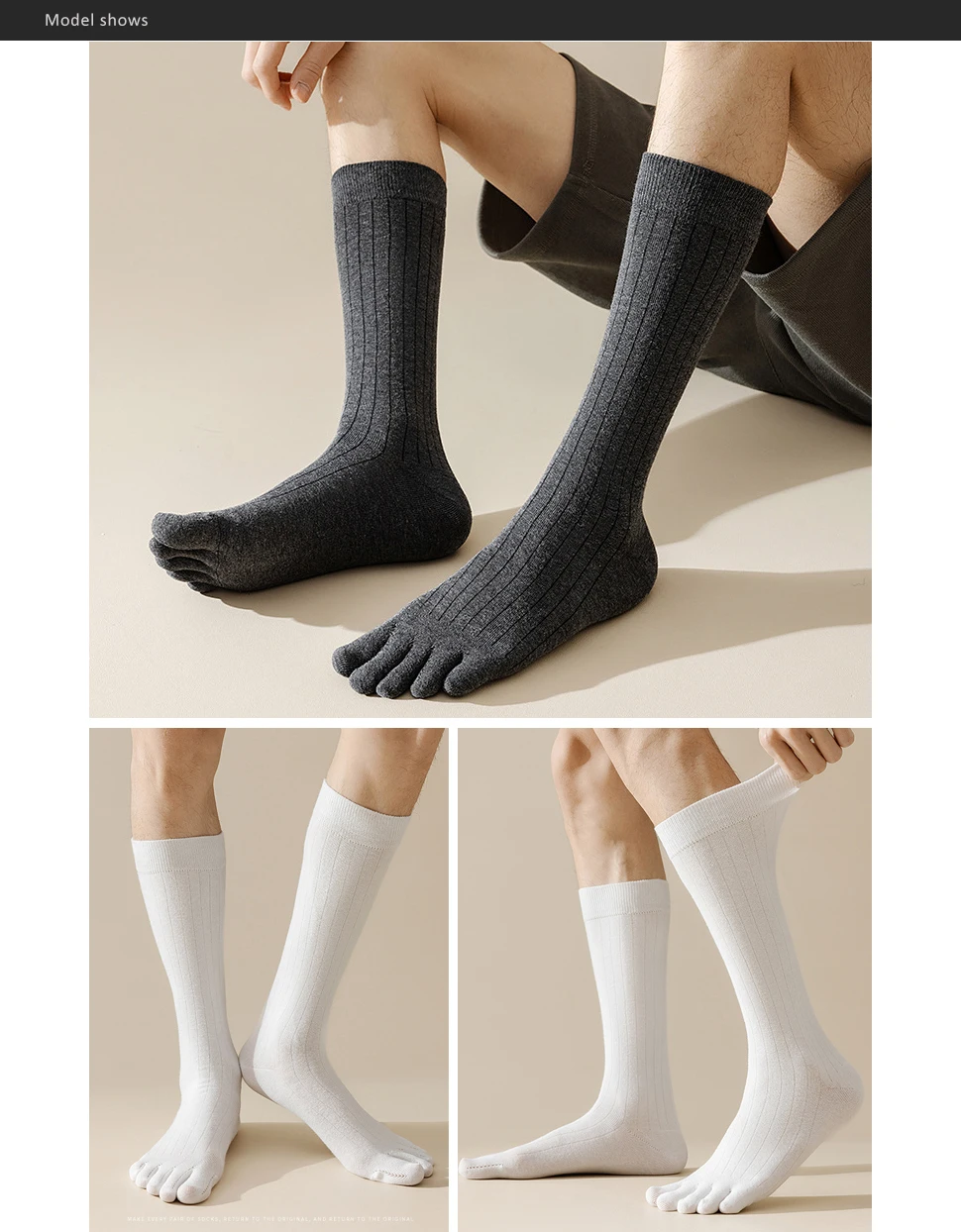 1/4 Paar Herren-Zehensocken, lange Baumwolle, einfache Business-Party-Kleid-Strümpfe, Gentleman, atmungsaktiv, 5-Finger-Socken, Wade, 4 Jahreszeiten – Detail 4