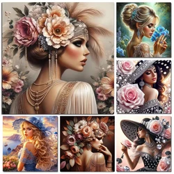 Diamond Painting Beautiful Vintage Woman Flowers New Beads Embroidery Mosaic 5D Full Square Round Diamond Cross Stitch Kits
