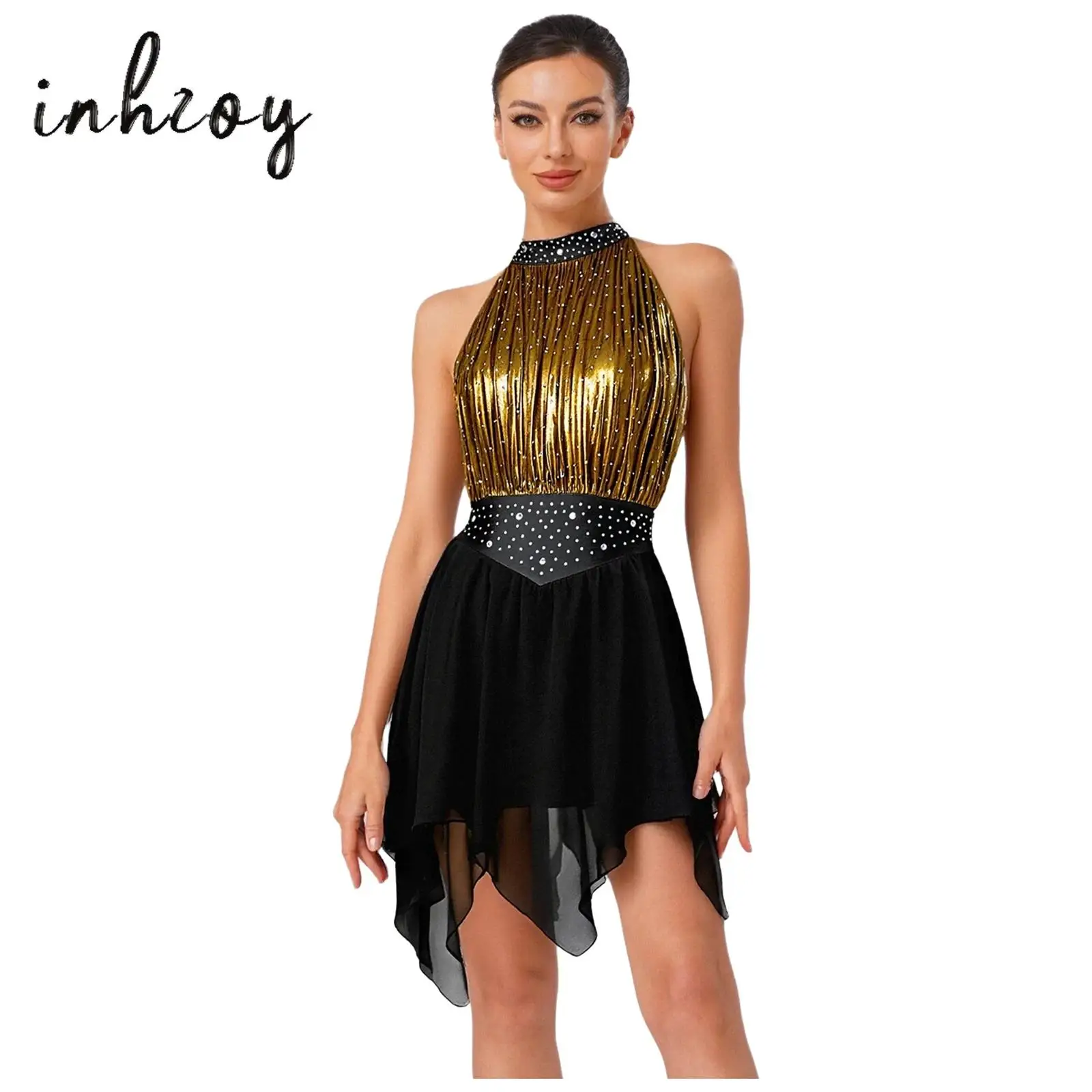 

Womens Modern Lyrical Dance Dress Ruched Metallic Mesh Rhinestone Irregular Hem Sleeveless Backless Leotard Dress Priase Dress