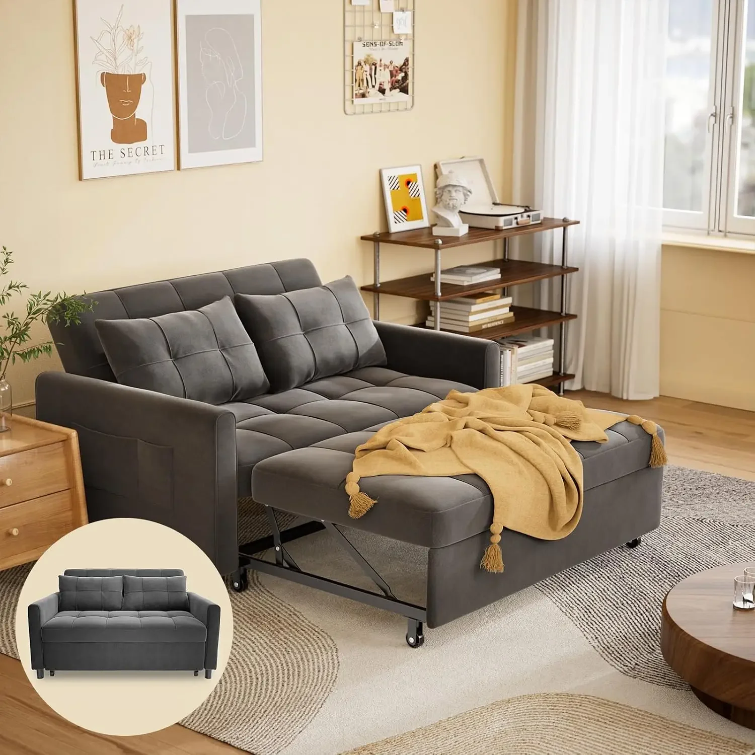 3 in 1 Velvet Sleeper Sofa Bed, 52 Inch 2-Seat Pull Out Couch for Living Room, Small Space, Convertible Loveseat with 5-Position