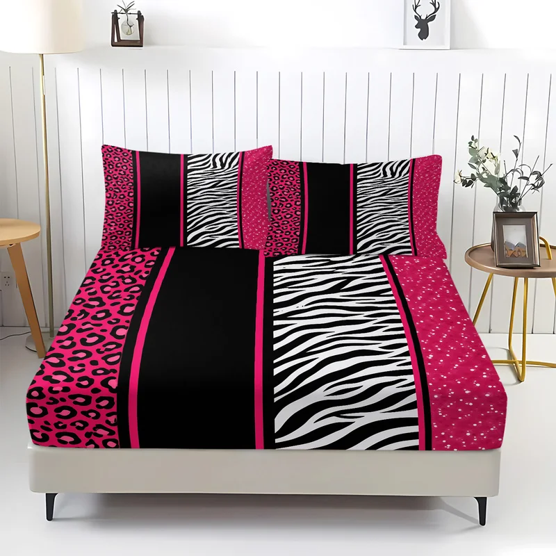 Hot Pink Leopard Zebra Splicing Print Fitted Sheet Set Bedding Set Soft Breathable Bedding for Girls Bedroom Teens