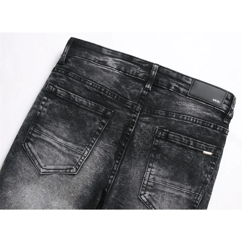 Stitching Stars Jeans Black and Gray for Men Fashion Street Handsome Slim-Fitting Fashion Ripped Skinny Motorcycle Trousers