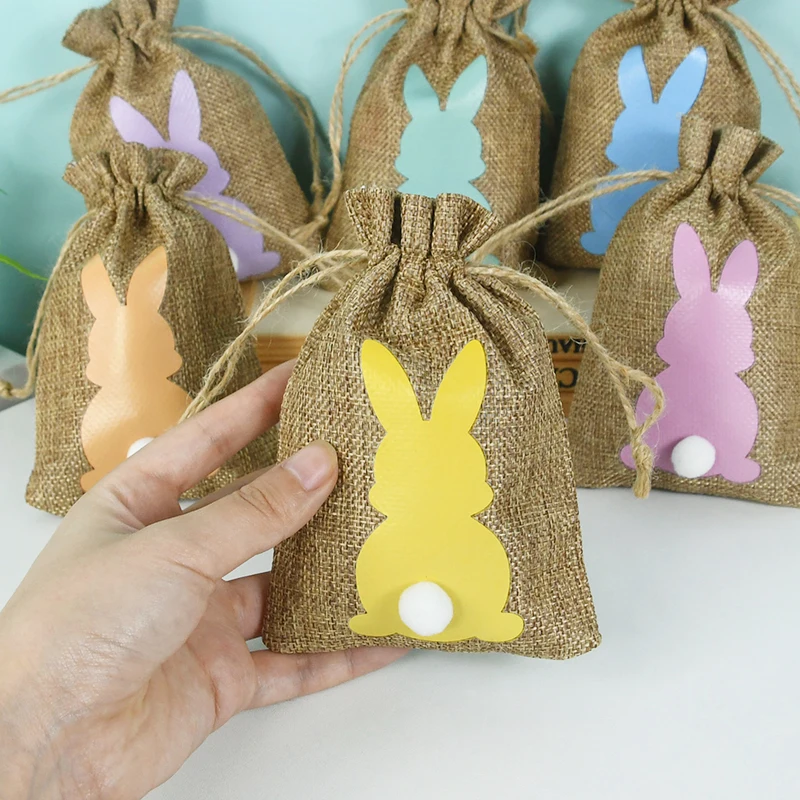 

6Pc Easter Jute Burlap Bags Colorful Rabbit Pattern Drawstring Pouches Gift Bag Birthday Cookie Candy Jewelry Packaging Supplies