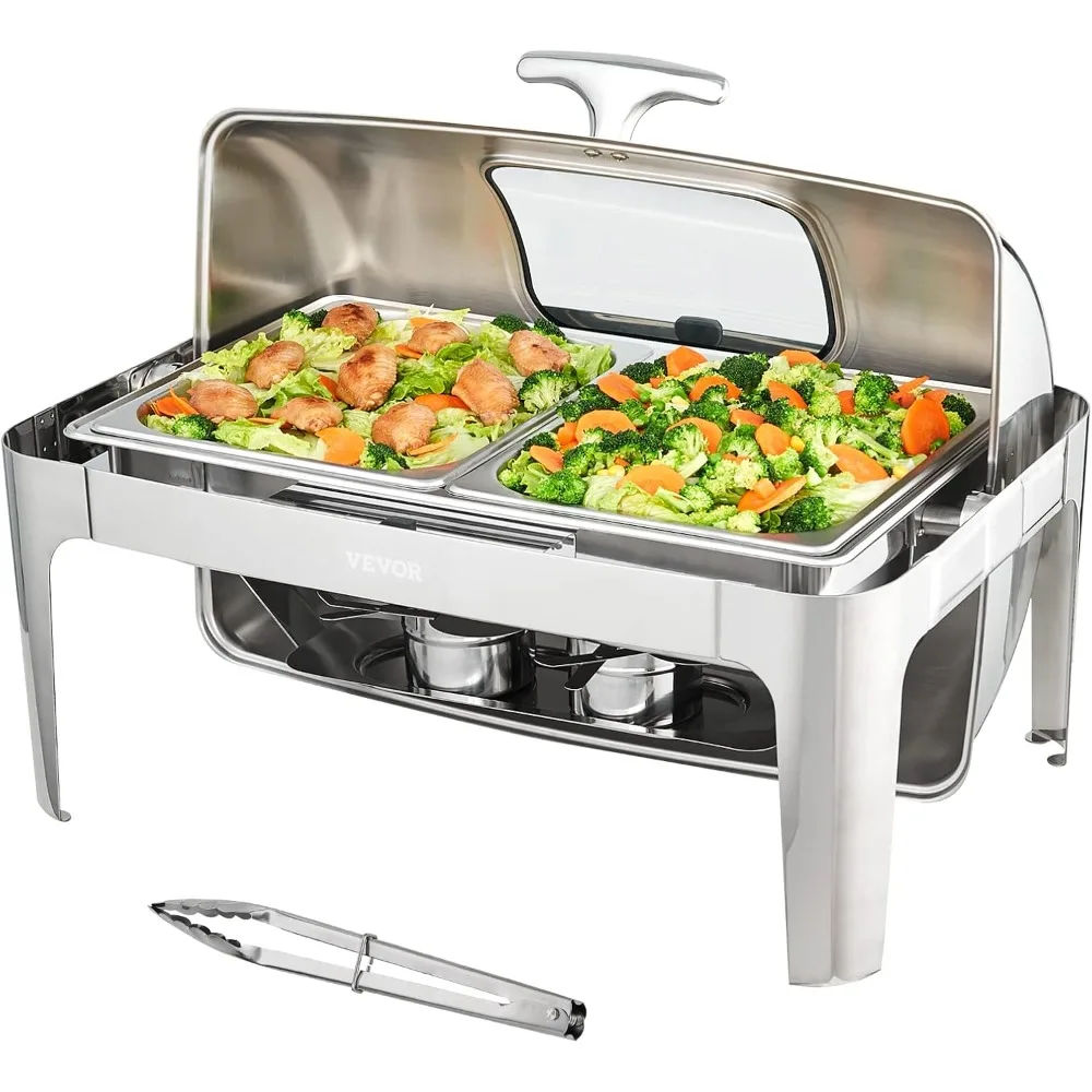 

Roll Top Chafing Dish Buffet Set, 9 Qt, Stainless Steel Chafer with 2 Half Size Pans, Rectangle Catering Warmer Server with Vis