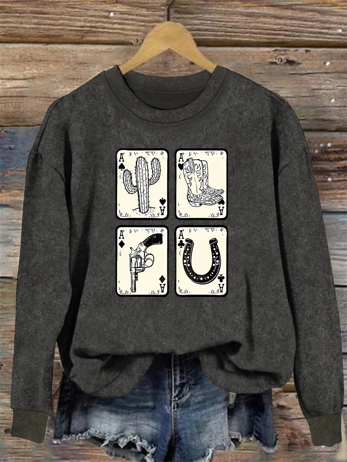 

pattern print washed sweatshirt, crew neck casual washed sweatshirt for winter & fall, women's clothing