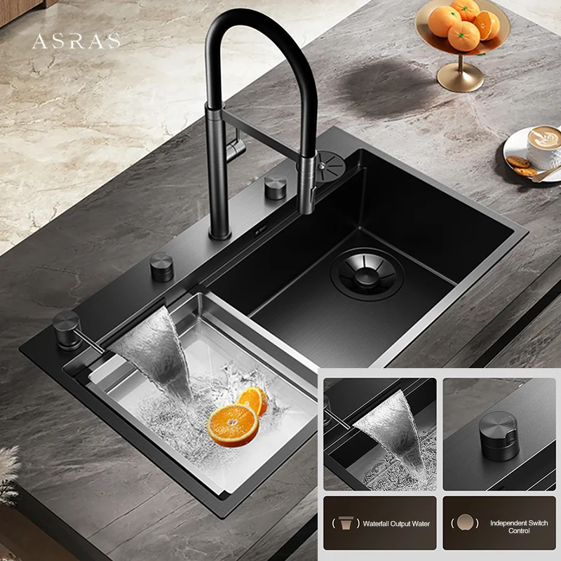 ASRAS Nanometer Single Large Size Waterfall Kitchen Island Sink 304 Stainless Steel 4mm Panel Handmade Cup Rinser Kitchen Sinks